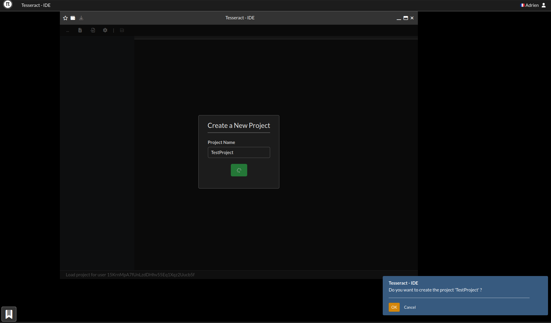 Screenshot of Tesseract showing the project creation modal and transaction signing prompt.