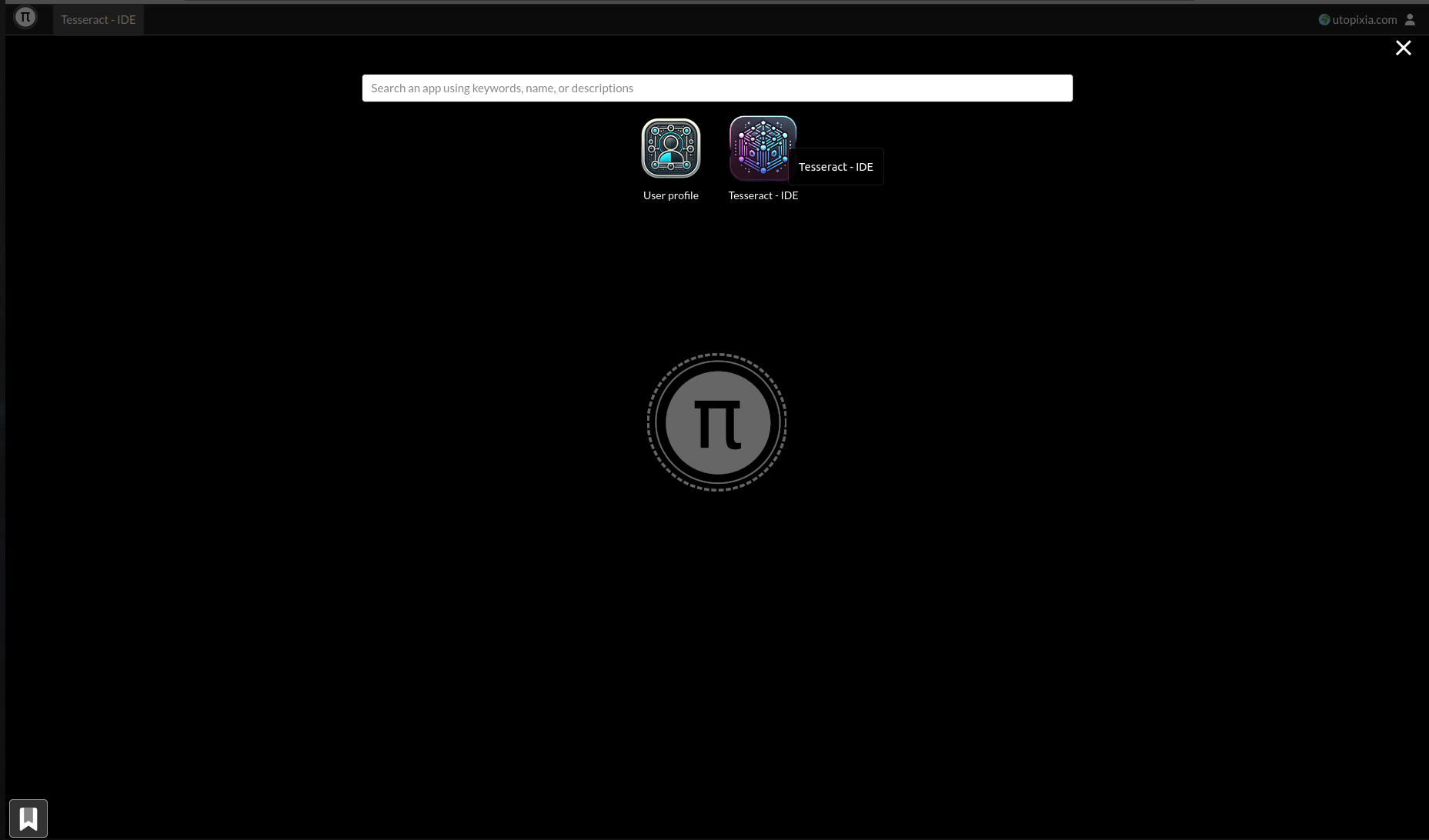 Screenshot of Gravity OS showing the application menu with the Tesseract icon.