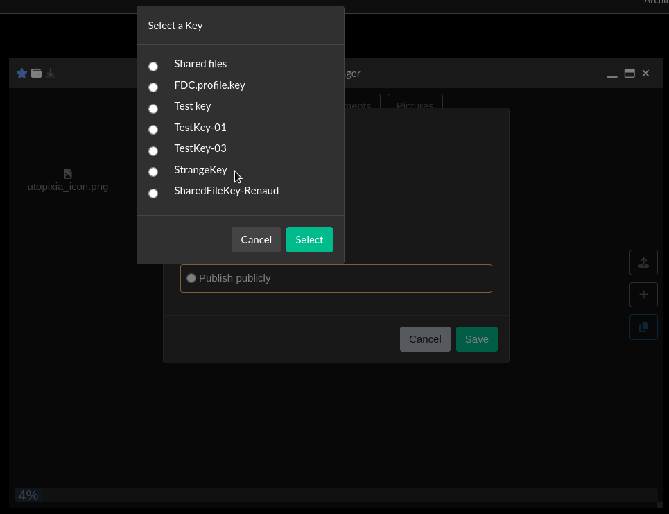 Screenshot showing encryption key selection when uploading a file.